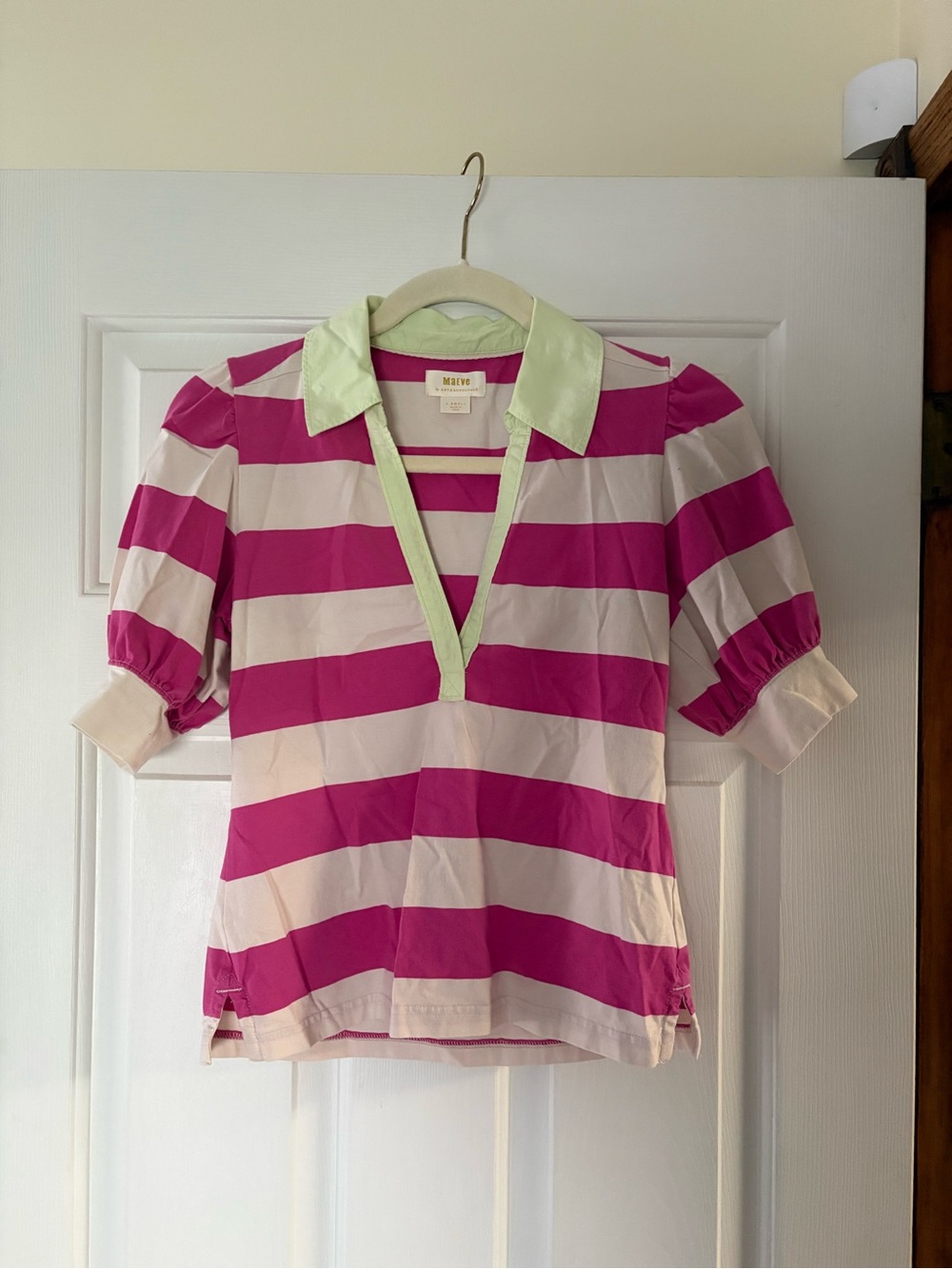 Anthropologie Maeve Pink and Cream Striped Top with Mint Trim